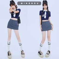 Chân váy ngắn chữ A cạp trễ form ôm tôn dáng kèm quần trong, váy chữ A cạp trễ kéo khóa không khuy MINGBOU