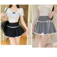 Chân váy ngắn đính nơ nữ xếp lydáng xòe phối rencạp cao,Chân váy ngắn dáng xòe,chân váy tenis chất tuyết mưa hàn