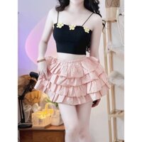 Chân váy ngắn nhún xòe 4 tầng vải dập nổi có quần bảo hộ lưng thun thoài mái freesize dưới 55kg