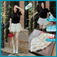 Chân váy ngắn viền bèo 4 tầng, váy chữ A dáng xòe cạp chun có dây rút chất liệu đũi xốp cao cấp