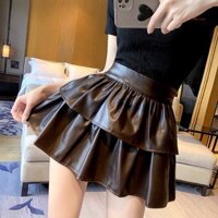 Chân váy ngắn xếp ly 2 tầng, váy da nữ cạp khóa lưng cao tôn dáng