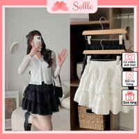 Chân váy ngắn xếp tầng ren bồng xòe lưng chun quần váy midi Hàn Quốc có lót trong Sollle