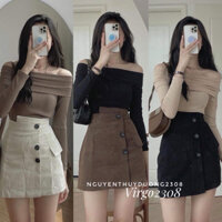 Chân váy nhung chữ A vạt chéo 3 khuy có lót trong hottrend