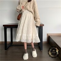 Chân váy nữ dài ren midi xoè nữ tính/ Chân váy ren dài