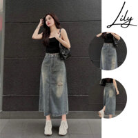 Chân váy nữ jean dài dáng chữ A phối đai đạm nhạt, chân váy bò dài dáng suông lên dáng chuẩn LIly Jean - JA1481