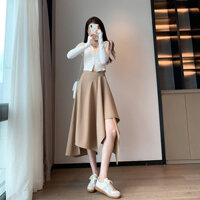 Chân váy nữ mùa xuân hè, thiết kế retro cao cấp, cảm giác thiết kế, mùa thu đông, chân váy midi xếp ly không đều mới, giảm cân