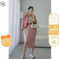 Chân váy ôm, xẻ sườn, thời trang nữ LeH -  GBT002 - Kẻ caro hồng trắng