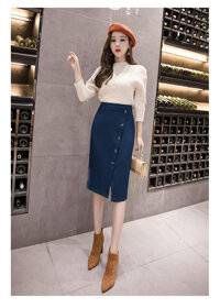 CHÂN VÁY PHỐI NÚT SANG CHẢNH HELEN - XANH CỔ VỊT - M