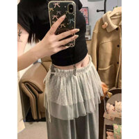 chân váy ren dài Chân váy chấm bi lưới trắng phong cách Hàn Quốc chân váy mẫu mới mùa xuân cho nữ chân váy nửa ren ren viền rèm xếp chồng mặc váy ngắn