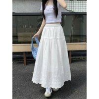 Chân Váy Ren Xô Dập Hoa MEILY Dáng Dài Lưng Thun Tà Viền Gợn Sóng Có Lớp Lót Lụa Phong Cách Thanh Lịch Hàng Quảng Châu.