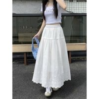 Chân Váy Ren Xô Dập Hoa OMELLET Dáng Dài Lưng Thun Tà Viền Gợn Sóng Có Lớp Lót Lụa Phong Cách Thanh Lịch Hàng QuảOMELLET