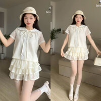 Chân váy tầng, Áo sơmi cổ bèo xinh xắn, trẻ trung/Set áo kiểu chân váy tầng hoa nhí