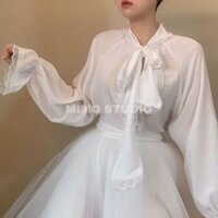 Chân váy trắng bồng + Sơ mi trắng cổ buộc nơ