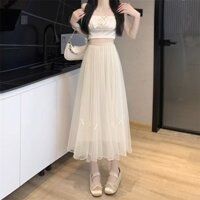Chân váy voan tơ óng ngọc trai 2 lớp đính nơ gấu nhẹ nhàng thanh lịch,Chân váy lụa dáng dài tiểu thư
