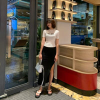 Chân Váy Xẻ Tà ISORA SKIRT Ôm Body Màu Đen Cotton Co Giãn 4 Chiều Đã Xử Lý Co Rút Mềm Mịn Tôn Dáng