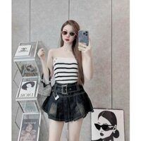 Chân váy xếp li JEANTINI (tặng kèm đai to) chân váy bò xòe cạp cao màu đen ánh rêu size S M L 6505