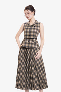 Chân váy xếp ly caro dáng dài midi