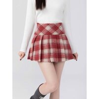 Chân váy xếp ly dạ ngắn kẻ sọc, Chân váy dạ xòe Caro Skirt Mùa Thu Đông Phong Cách Hàn Quốc