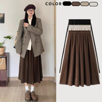 Chân váy xếp ly dáng dài vintage, Chân váy midi dài dáng xoè chun sau phong cách hàn quốc
