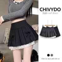 Chân váy xếp ly đính nơ ren 2 tầng chân váy nữ cạp cao chữ A