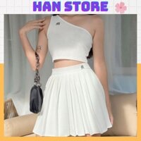 Chân váy xếp ly HANSTORE phong cách âu mỹ tennis trắng đen trơn ngắn nữ họa tiết