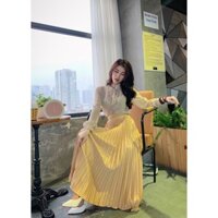 Chân váy xếp ly voan cát dáng maxi màu vàng gà con