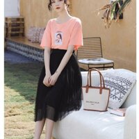 Chân váy xoè dài dập ly tutu CRXDV28 màu đen  màu trắng - Đen