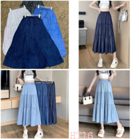 Chân váy xòe dài qua gối 3 tầng, lưng thun chất vải lụa mềm giả jean 2 lớp rũ đẹp mềm mát