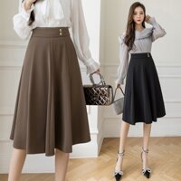 Chân váy xòe dài qua gối công sở phối 2 cúc mã mới lưng cao che bụng cực đẹp dáng chữ A CV17