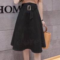 Chân váy xòe midi New Design thiết kế lưng cao kèm dây nịt vải cùng tông thanh lịch vải kaki thun co giãn - Đen - M