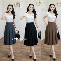 Chân váy xòe xếp ly khóa kéo thanh lịch hiện đại kèm túi 2 bên, đính kèm tag cài chữ min