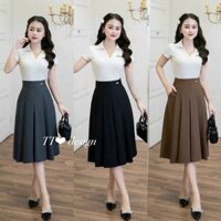 Chân váy xòe xếp ly   khóa kéo thanh lịch hiện đại kèm túi 2 bên, đính kèm tag cài chữ min ép đá
