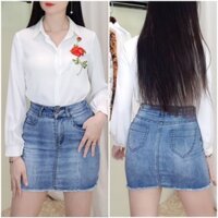 Chân zip bò gấu rua mix cùng áo sơmi trắng lụa tằm thêu hoa ruy băng trẻ xinh. Ảnh thật