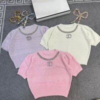 Chanel2025 Áo len thiết kế dệt kim phong cách mới Áo thun nữ tay ngắn