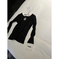 Chanel7028 Phong Cách Mới Chữ Tương Phản Màu Cổ Chải Dài Tay Áo Thun Nữ