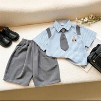 Chàng trai sọc đơn giản thỏ thêu hai mảnh phù hợp với Thỏ Cảnh sát Áo sơ mi phù hợp với