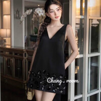 [CHANGROOM] Váy nữ sát nách cổ V đính hoa, Đầm hở lưng cài nơ cao cấp