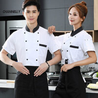 Channelly Đứng Cổ Tay Ngắn Đôi Ngực Miếng Dán Túi Nối Màu Đầu Bếp Đồng Phục Nữ Nam Dịch Vụ Làm Bánh Thoáng Khí Đầu Bếp Áo Sơ Mi Quần Áo Làm Việc