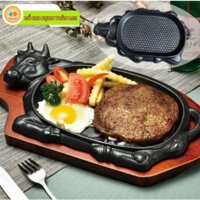 Chảo Bò Né Gang Chống Dính Vạn Lợi Hình Con Bò Kèm Đế Lót Gỗ