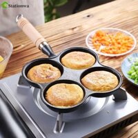 Chảo chiên trứng STATIONWA, Chảo trứng tráng 3 / 4 lỗ, Phụ kiện nhà bếp Gang Tay cầm bằng gỗ chống bỏng Chảo chống dính Bít tết