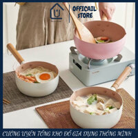 Chảo chống dính bếp từ sâu lòng vân đá 18cm dùng cho mọi loại bếp, Nồi quánh nấu bột cho bé đáy từ cao cấp cán gỗ