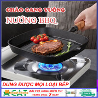 Chảo chống dính, Chảo gang nướng thịt BBQ chống dính cao cấp đúc vuông cán gỗ, dùng được mọi loại bếp