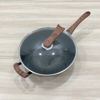 Chảo chống dính sâu lòng, chảo xào sâu lòng có nắp đậy trong suốt, chảo mặt đá tay cầm cán gỗ loại tốt (TV324)