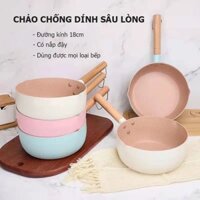 Chảo Chống Dính Sâu Lòng Vân Đá 18cm Dùng Cho Mọi Loại Bếp Kèm Nắp Thủy Tinh, Nồi Quấy Cháo, Quấy Bột