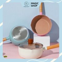 Chảo Đá Đáy Từ Chống Dính Sâu Lòng Đa Năng Tay Cầm Gỗ - Chảo Chống Dính Lúa Mạch Bếp Từ Hợp Kim Nhôm 18cm