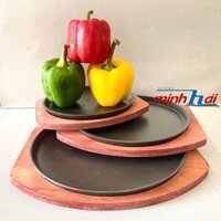 Chảo Gang BBQ đáy BẰNG nướng chống dính, Dùng được bếp từ  Dùng làm Bò Bít Tết, Bánh Mì Chảo, Kèm đế gỗ cao cấp