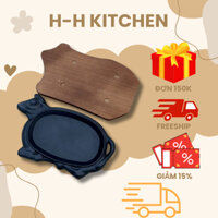 Chảo Gang Chống Dính Đầu Bò Kèm Đế Gỗ - Chảo Bò Né Đế Lót Gỗ Chống Dính Làm Bít Tết
