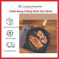 Chảo Gang Đúc Đáy Phẳng 26cm Chống Dính Lám Bánh Xèo, Chiên Rán, Ăn Nướng Dùng Được Cho Mọi Bếp An Toàn Sức Khỏe