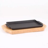 Chảo gang hình chữ nhật kèm đế gỗ - Chảo gang nướng thịt BBQ , Bò Bít Tết Hình Chữ Nhật