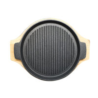 Chảo Gang Nướng BBQ Chống Dính 22cm Làm Bò Beefsteak Kèm Đế Lót Gỗ